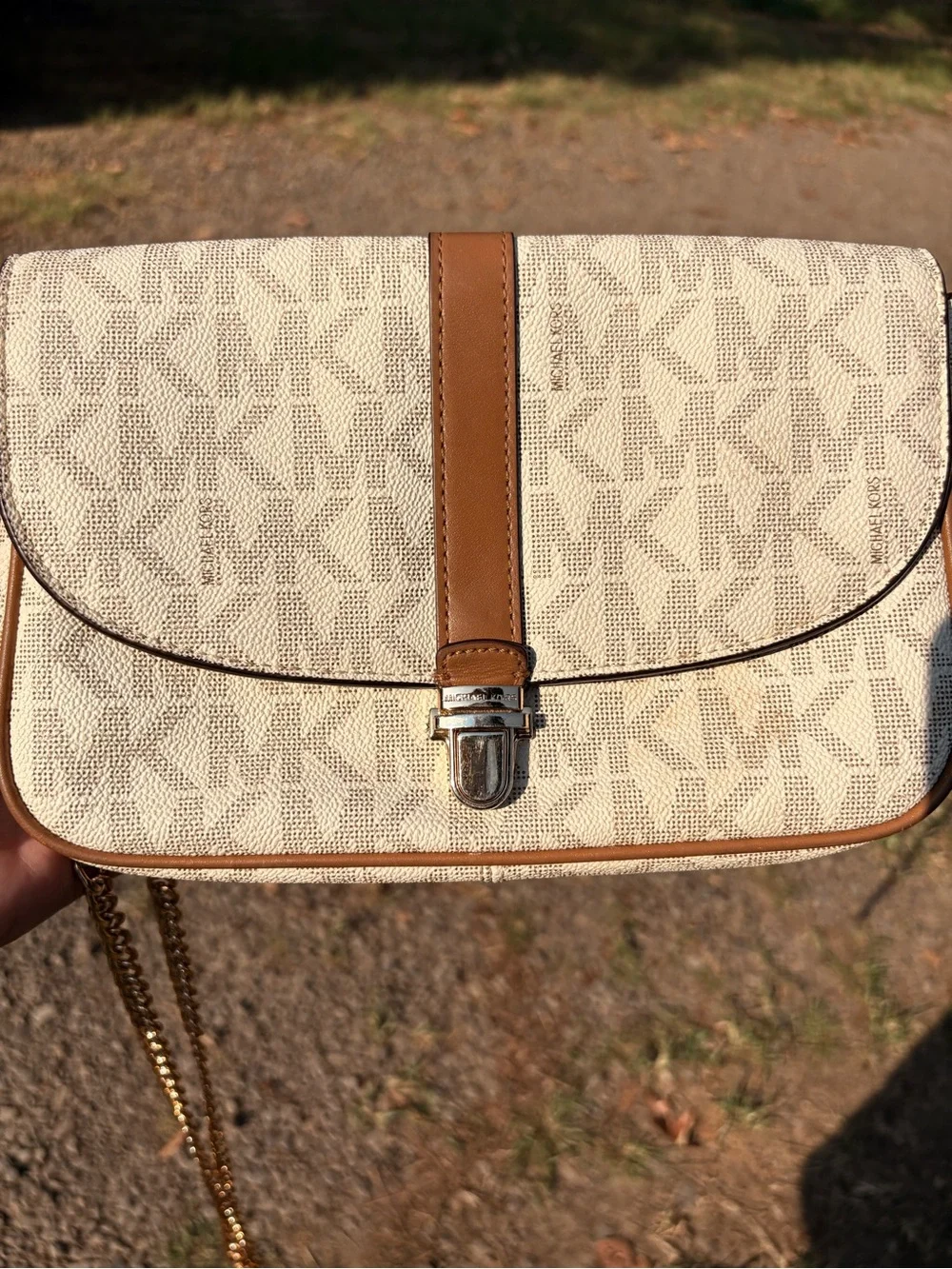 Michael Kors Cream Monogram Crossbody with Brown Trim and Gold Chain